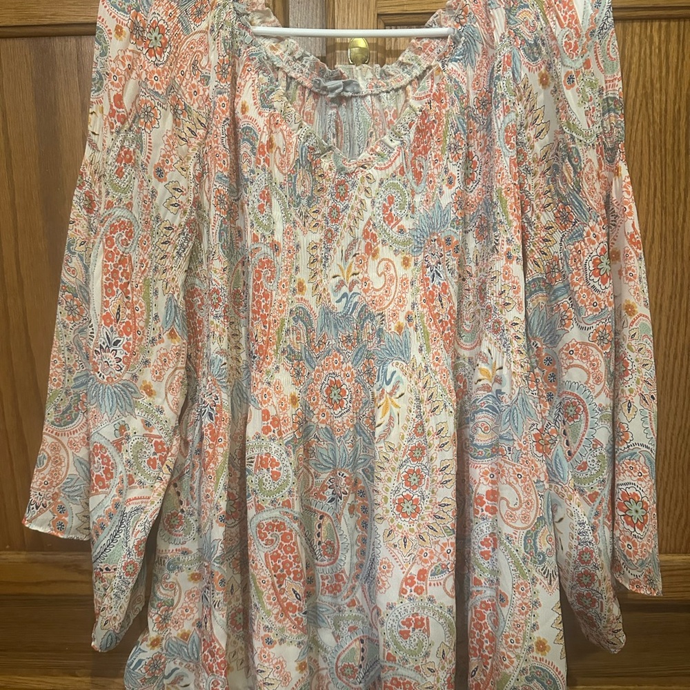 Floral and Ivy Bohemian Paisley Blouse Coral and Teal XL